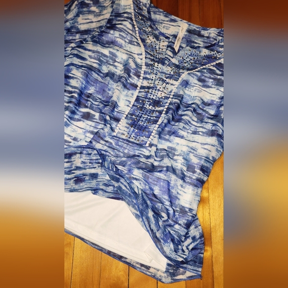 NY Collection Blue Patterned Top with Rhinestones - Picture 2 of 10